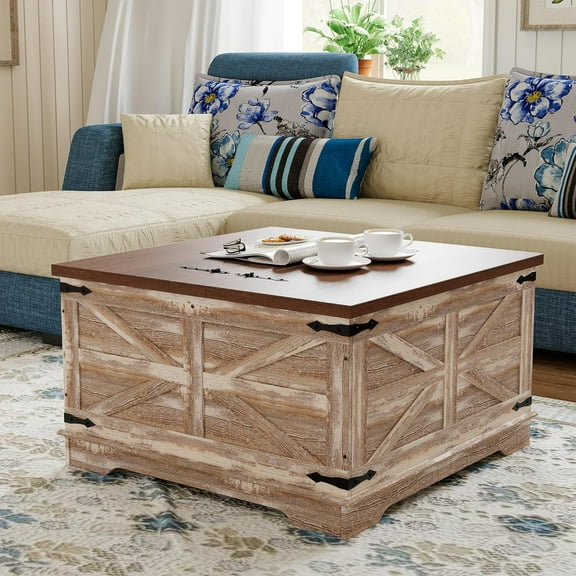 Farmhouse Coffee Table, Heavy-Duty Coffee Table with Storage, Square Wood Center Table Set for Living Room with Pull Up Large Hidden Storage Compartment