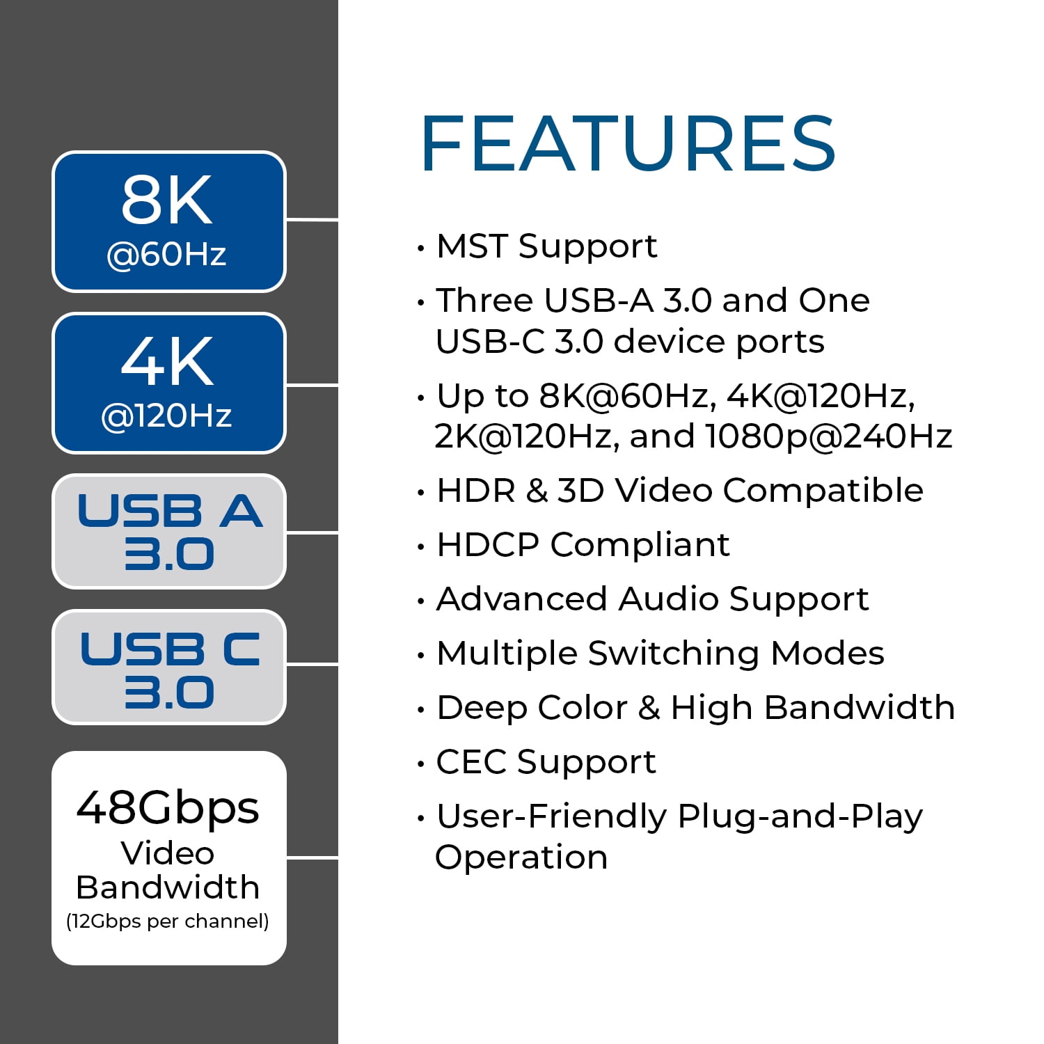 8K@60Hz 2-Port Dual Display HDMI KVM Switch with USB 3.0 and Audio (UKM-201-2C)