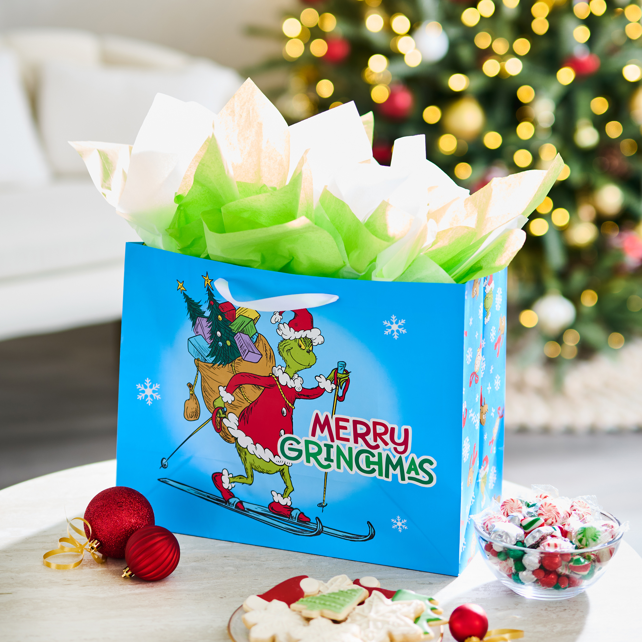 American Greetings 16 in. Extra Large Blue Grinch Christmas Gift Bags (1-Count)