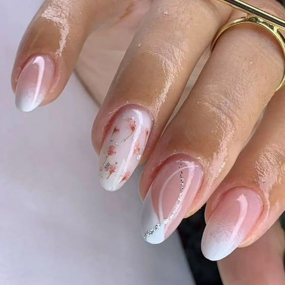 24Pcs Press on Nails Short Almond Stick on Nails With Sparkling Flower False Nails Manicure Decoration For Everyday Use