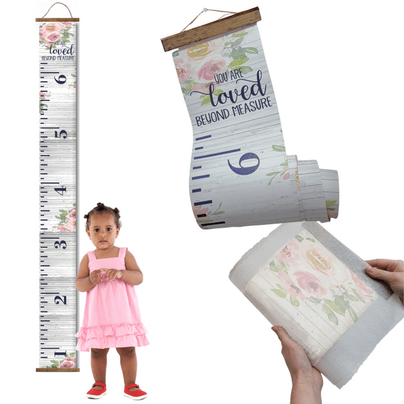 Gray Rustic Wood Florals Canvas Growth Chart for Kids Children Height Measurement Ruler Hanging Sign Height Measure Chart for Girls, Walnut Wood