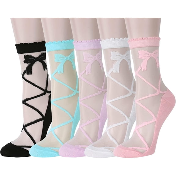 PTSPLLMY Sox Womens Girls Sheer Socks Mesh Lace Crew Socks Transparent See Through Ultra Thin Silk Nylon Dress Socks