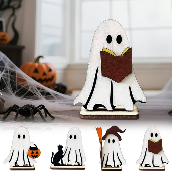 Egmy1 Halloween Desk Decor 3Pcs Cute Ghost Ornaments Wooden Ghost Mini Figurine Tabletop Decor
