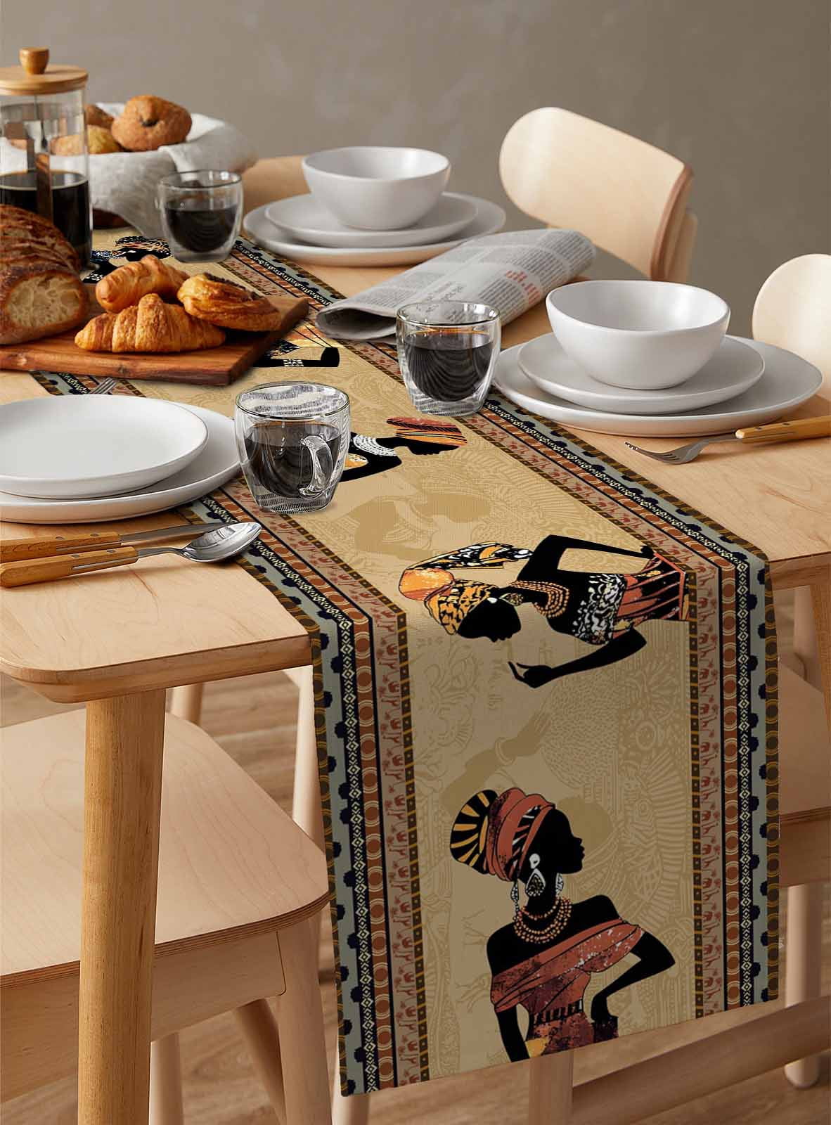 African Black Women Table Runner 72 Inches, Boho Ethnic Tribe Vintage Brown Bed Runner Dresser Scarves Tabletop for Indoor Outdoor Parties/Ceremony/Banquet, 16" x 72"
