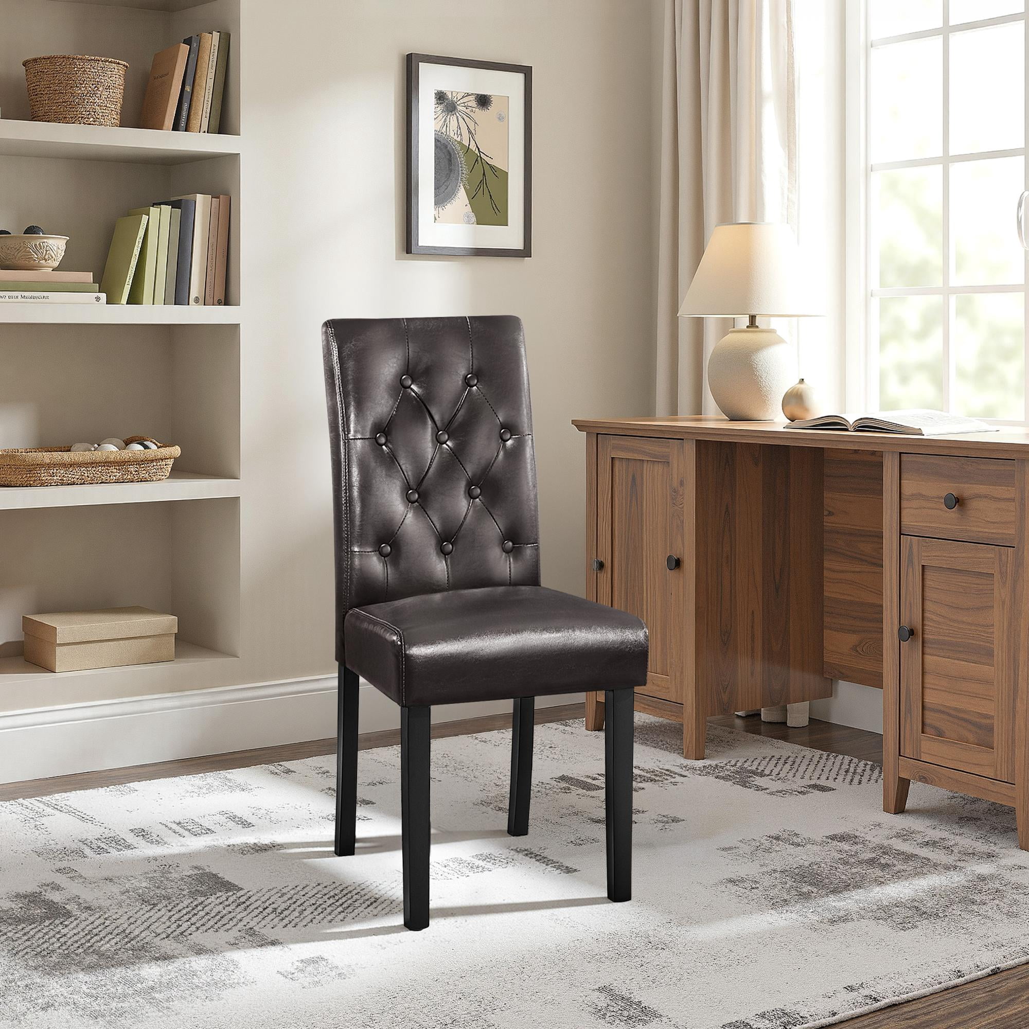 Alden Design Tufted Upholstered Parson Faux Leather Dining Chair with Solid Wood Legs, Set of 2, Brown