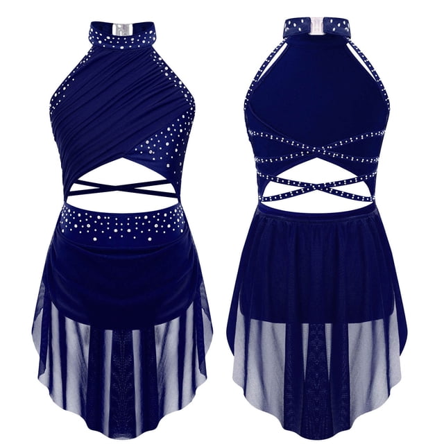 TiaoBug Robe de Danse Lyrique pour Filles Jupe Asymétrique à Sequins Col Licou Justaucorps de Patinage Artistique Bleu Marine 10