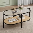 thumbnail image 1 of Bingirl 2 Tier Oval Coffee Table: White Steel, Water Wave Glass Top, and Yellow Rattan Storage Shelf, 1 of 8