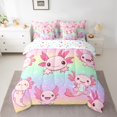 thumbnail image 2 of Feelyou Kawaii Pink Axolotl Bedding Comforter Set 7 Pieces for Teens, Cartoon Stars Galaxy Full Bedding Set, Mystic Rainbow Reversible Fitted Sheet Flat Sheet, Microfiber Bedroom Decor, 2 of 7