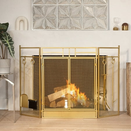 

Barton 48 Fireplace Screen 3-Panel Foldable with Doors Guard Fire Screens with 4pcs Fireplace Tool Gold