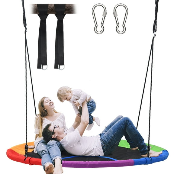 KloKick 60" Extra Large Tree Swing for Kids & Adults - 900D Oxford Waterproof Saucer Swing with 2 Hanging Straps, Rainbow