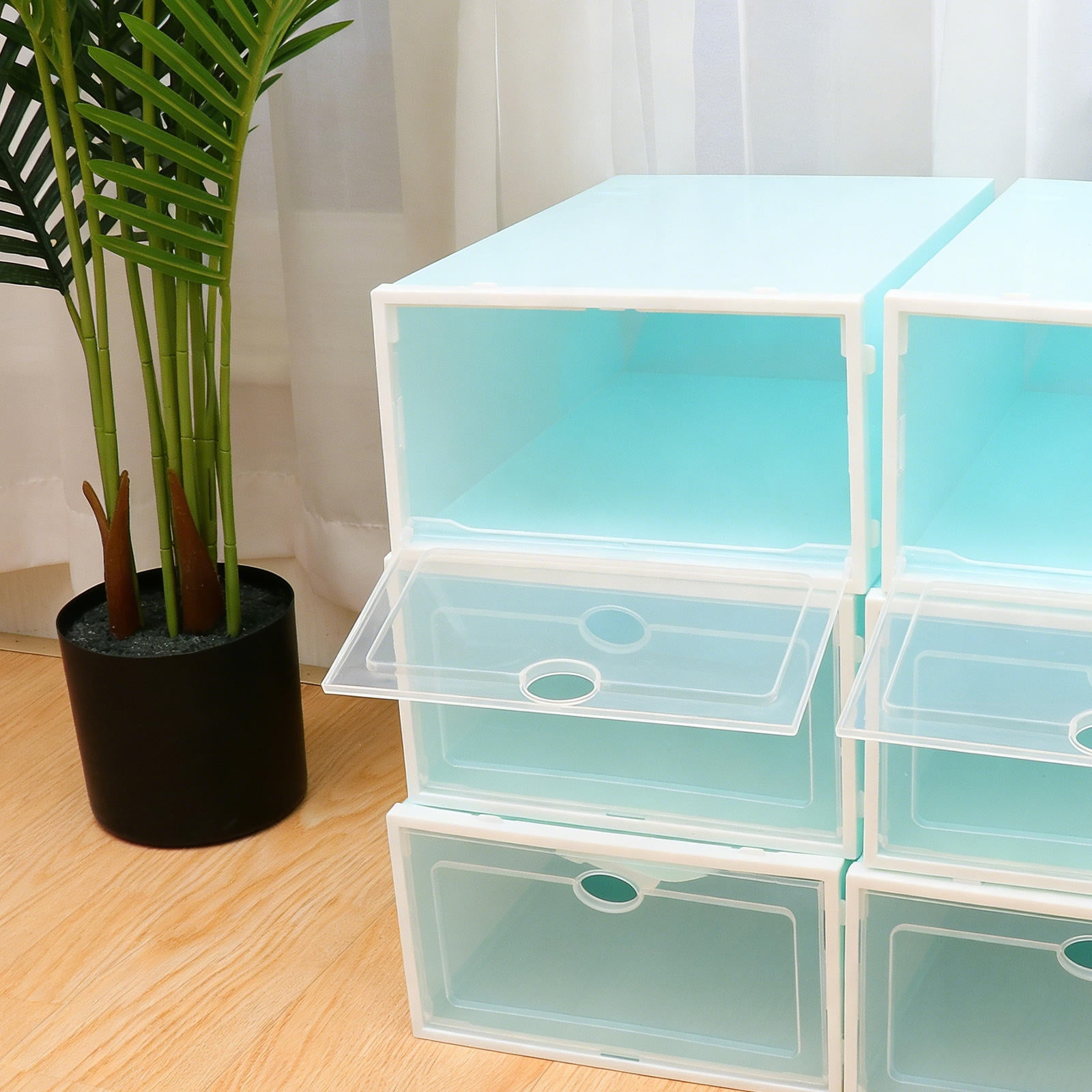 FONDOTIN 6Pcs Sky Blue Transparent Shoes Box Stackable Storage Bin for Home Closet Organization