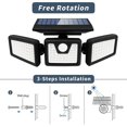thumbnail image 3 of Luces solares para exteriores con sensor de movimiento, luces de seguridad de 3 cabezales con energía solar, 118 luces de inundación LED con detección de movimiento para la entrada del patio del, 3 of 3