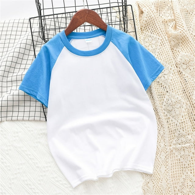 VKOYWKM T-Shirts à Manches Courtes pour Garçons et Filles en Bas Âge, T-Shirts Raglan à Blocs de Couleur, Col Rond Décontracté, Hauts d'Été en Coton Doux, T-Shirts Basiques Bleus 10 Ans