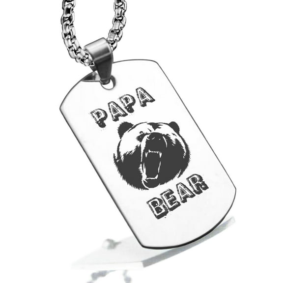 Stainless Steel Papa Bear Dog Tag Pendant Necklace