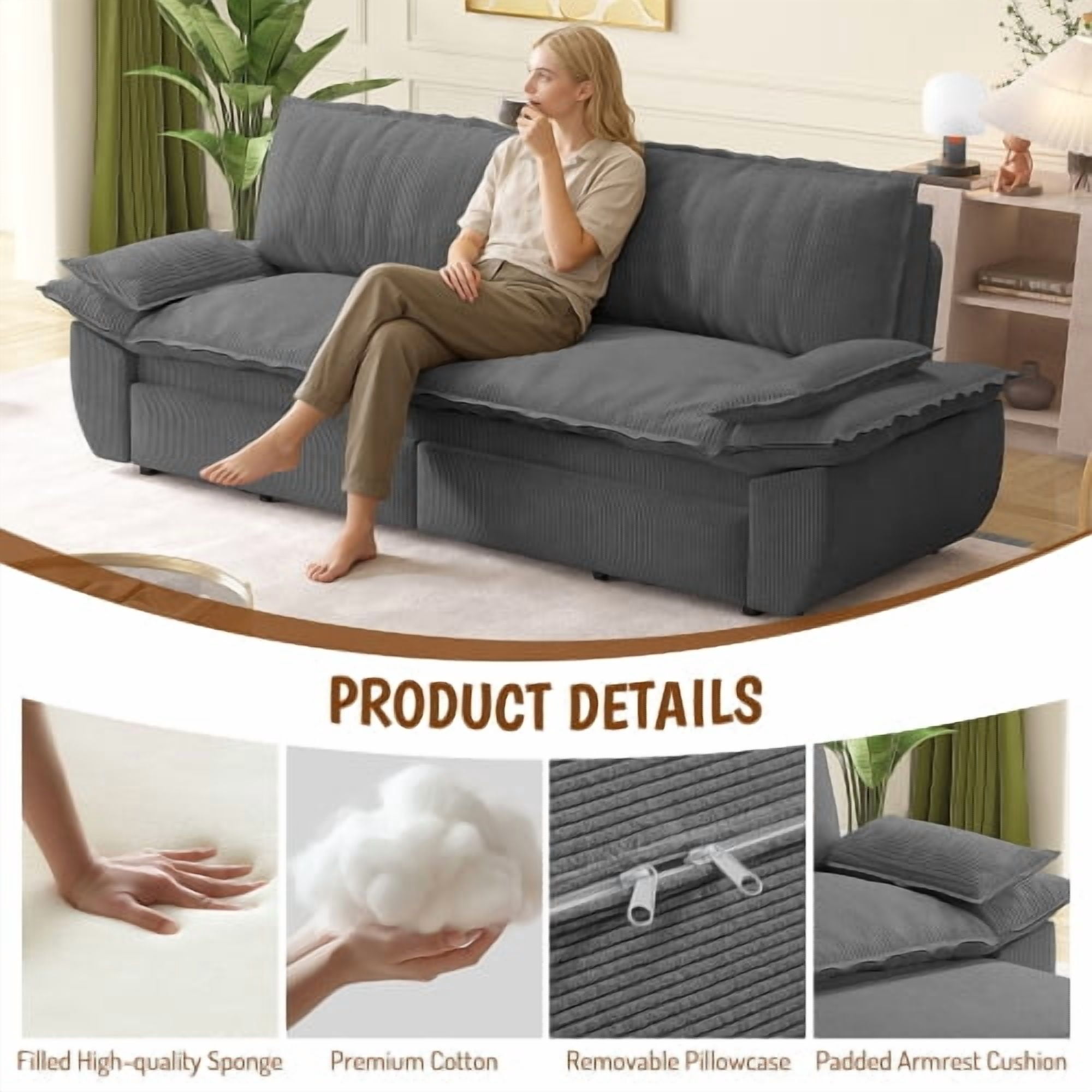 73.2" Queen Pull Out Sofa Bed, 3-in-1 Convertible Sleeper Sofa, Multi-Functional Corduroy Loveseat Couch with Pull-Out Bed, Grey