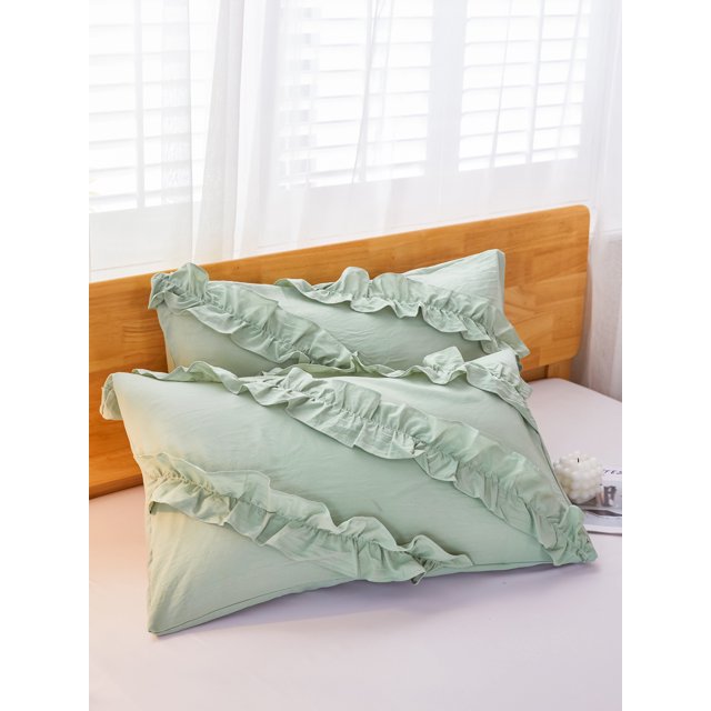 Move Over Green Ruffled Pillowcases Queen, Boho Chic Pillow Cover Set of 2, Washed Microfiber Ruffles Pillow Case