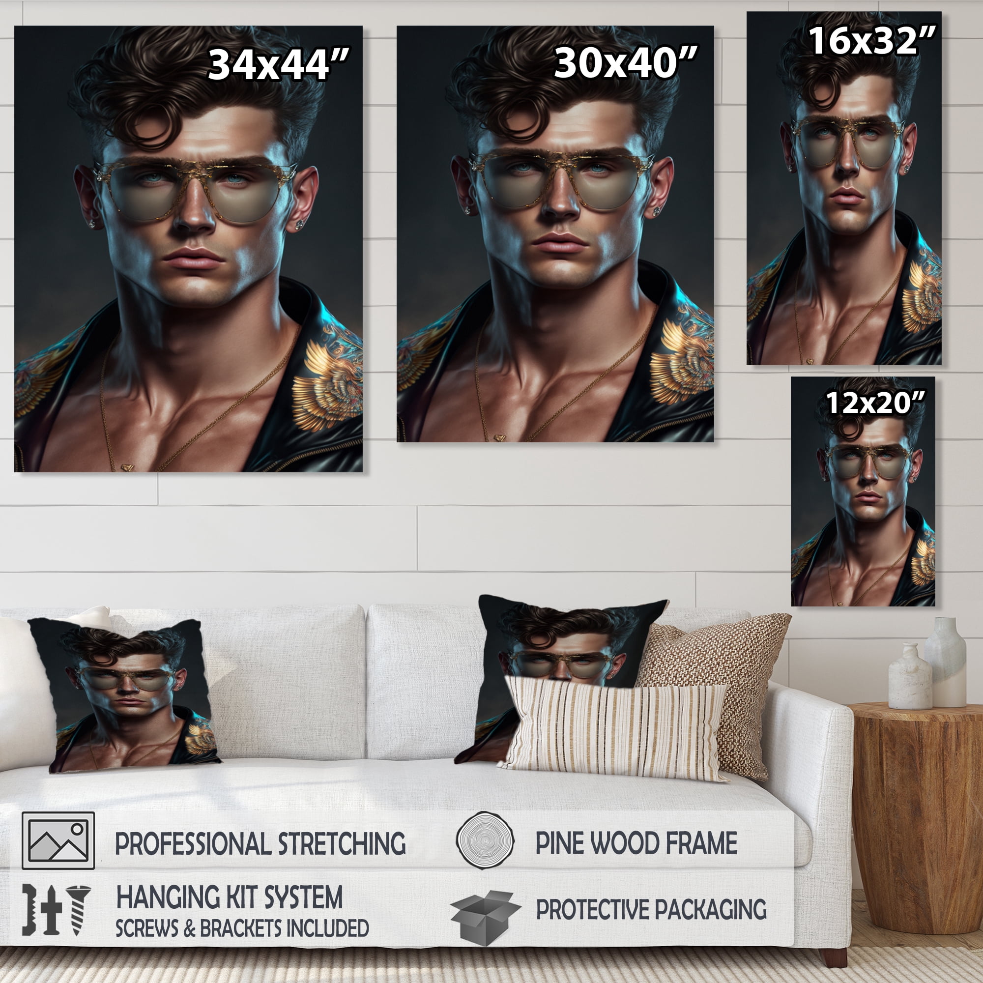 Designart Fashion Muscular Man With Sun Glasses III Canvas Wall Art