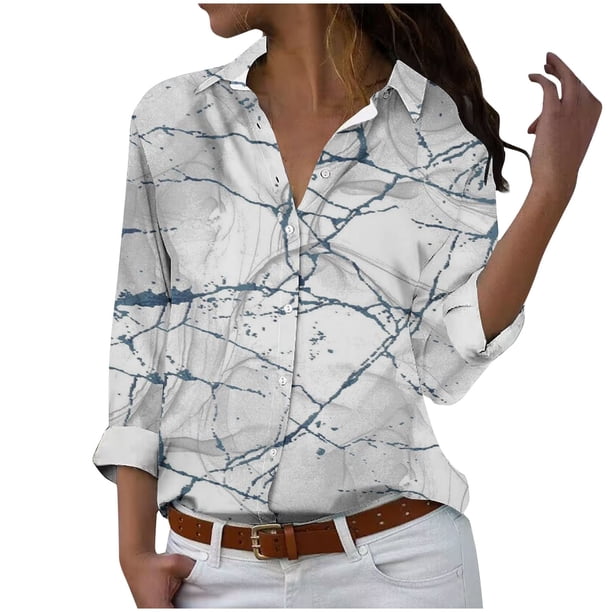 Camisetas de Mujer Casual, Manga Larga Impresa Solapa Botón Arriba Blusa, Ajuste Regular Poliéster Superior