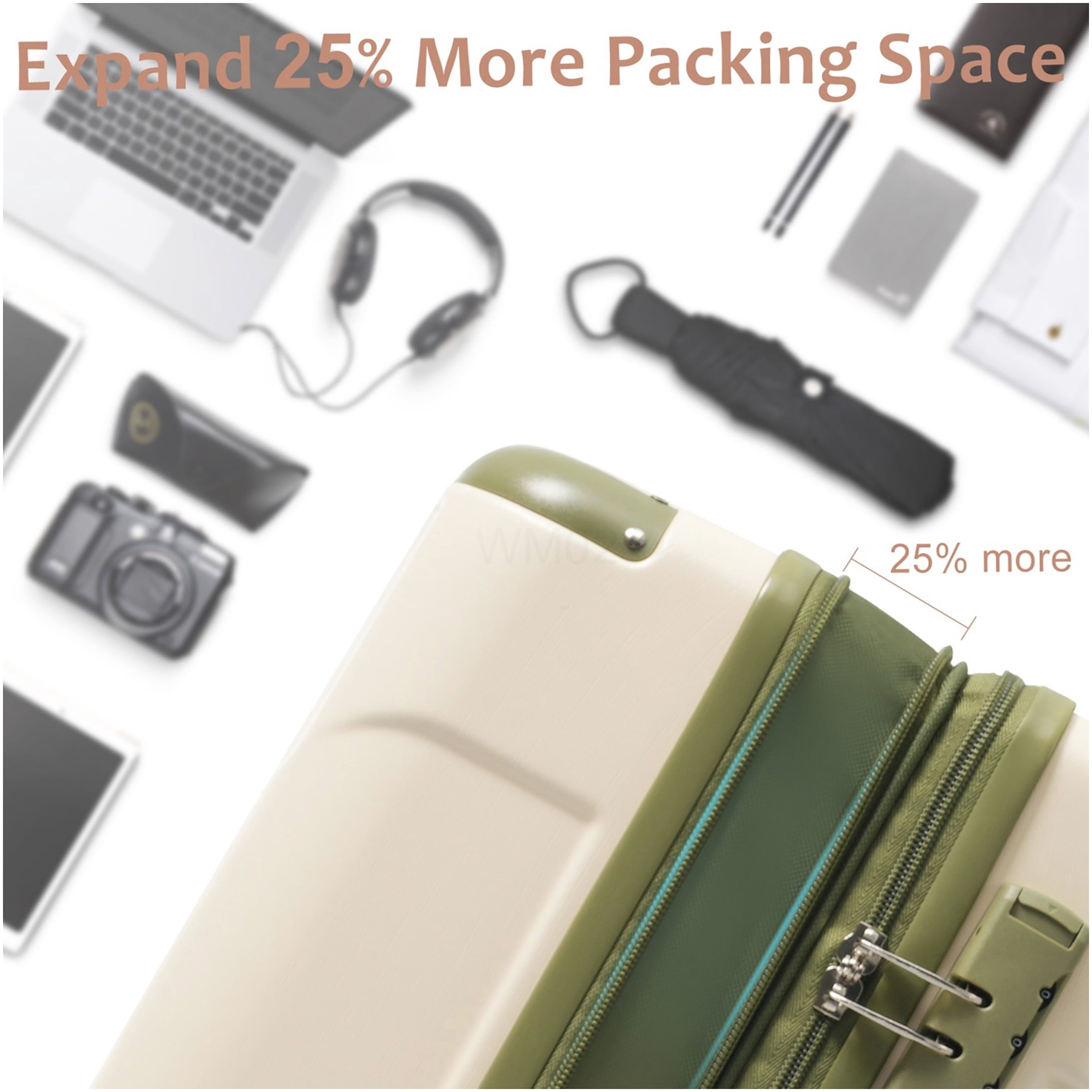 White and Green ABS Hardshell Checked Luggage, 24 Inch Expandable Suitcase with TSA Lock & Double Spinner Wheels