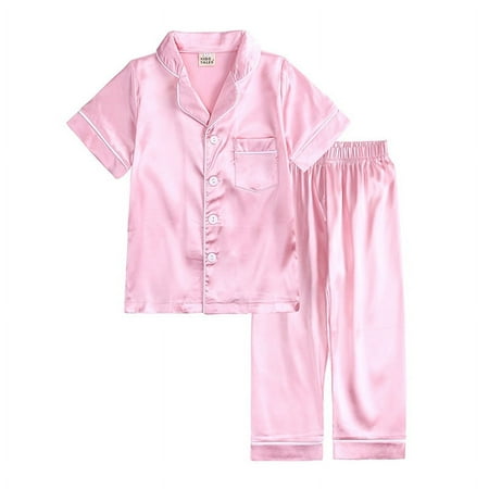 

Godderr Kids Satin Pajamas Sets Silk Button down Pj Set Button-Down Sleepwear Button Shirt Silky Sleepwea with Pocket for Toddler 9m-13t(Short Sleeve Pants)