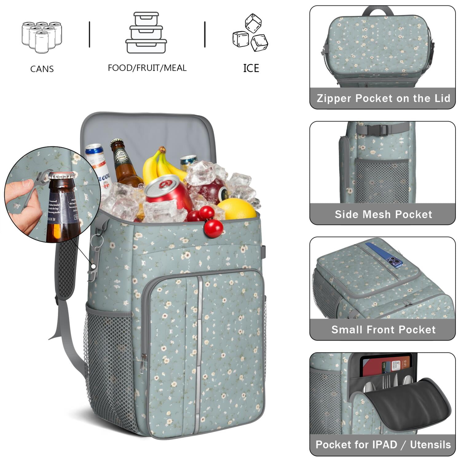 Travel Cooler Bag - Pioneer Flower Floral Print Pattern Camping Beer Cooler Backpack with Bottle Opener- Waterproof Insulated Picnic Backpacks - Cooler Bag for Beach