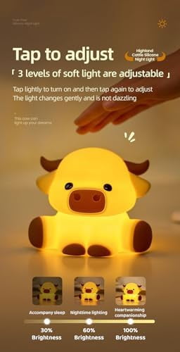 Cute Highland Cow Night Light, Squishy Highland Cow Novelty Animal Lamp, 3 Level Dimmable Nursery Nightlight with Timer, Food Grade Silicone Touch Night Light Fun Gifts for Kids Boys Girls Baby