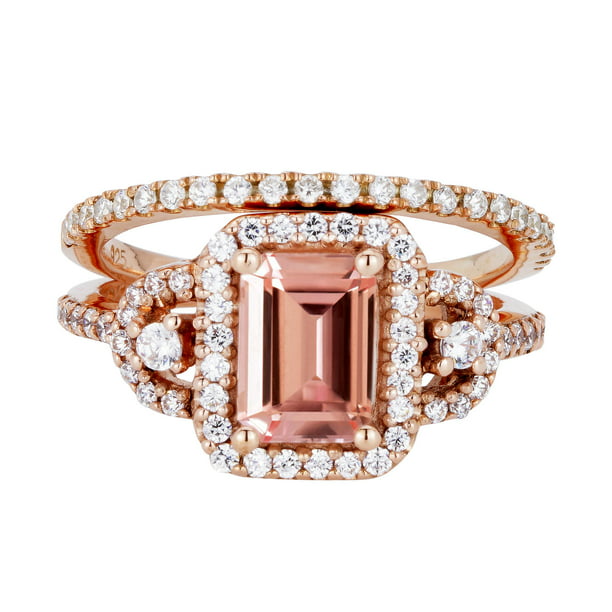 2.00 carat Emerald Cut Real Morganite Bridal Ring Set in Rose Gold ...