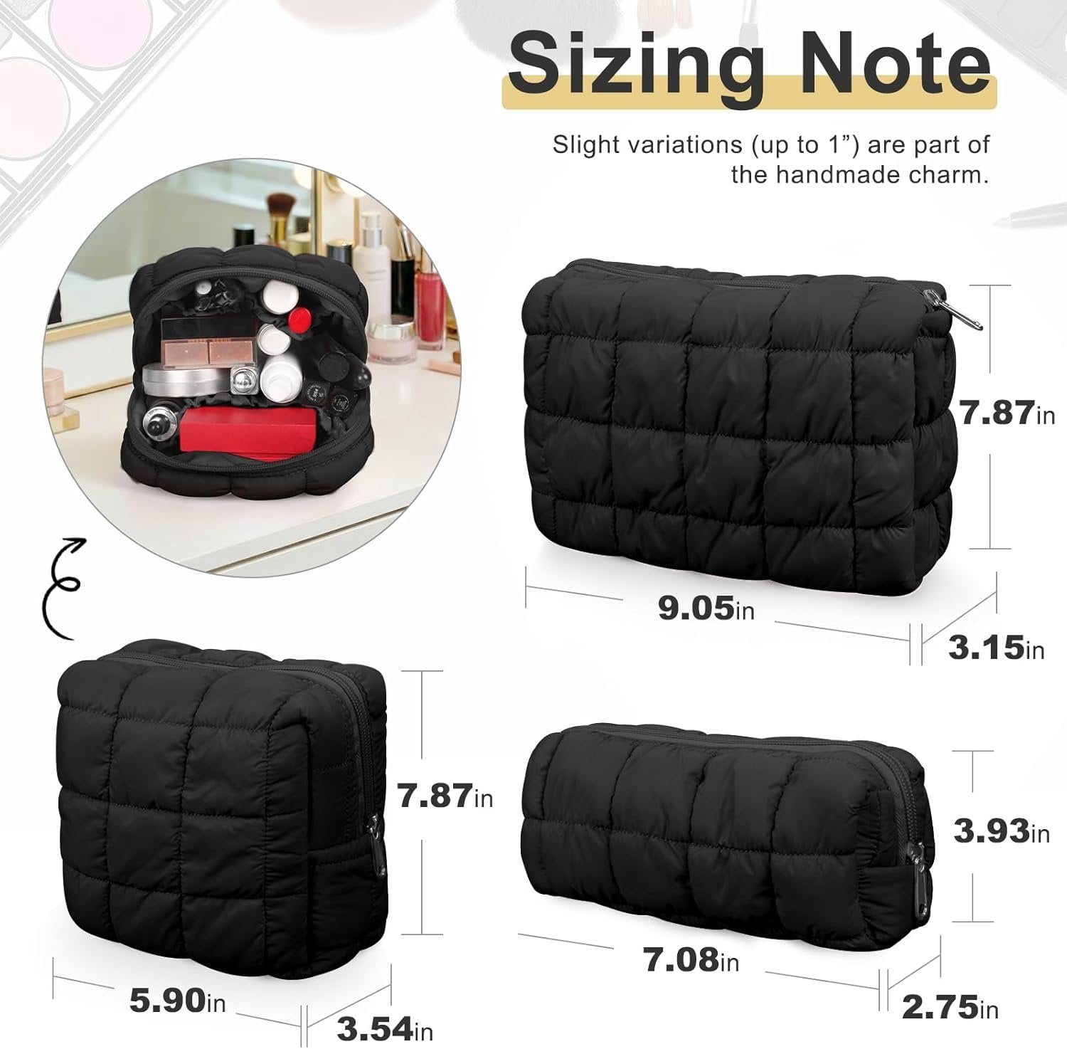 3 count Makeup Bag Set Quilted Travel Toiletry Organizer Large Capacity  Pouch Soft Storage Case for Women Girls Travel Essentials Gifts