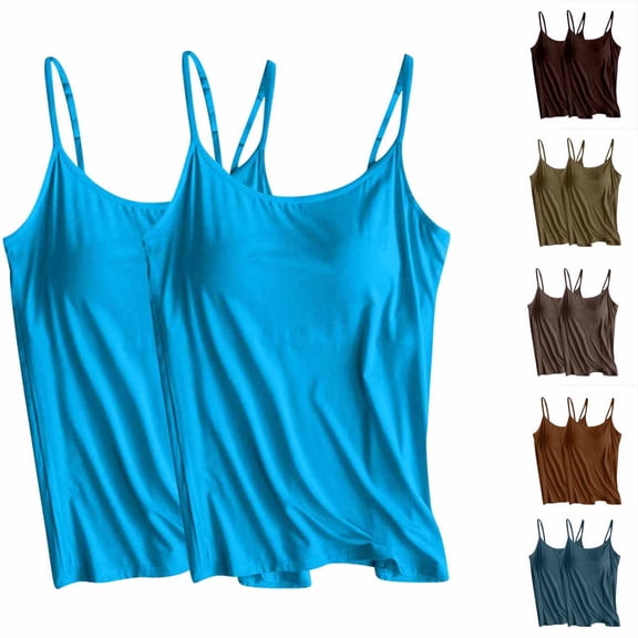Fanxing 2 PC Womens Plus Size Tank Tops Build in Bra Spaghetti Straps Camisoles Blue,XXL