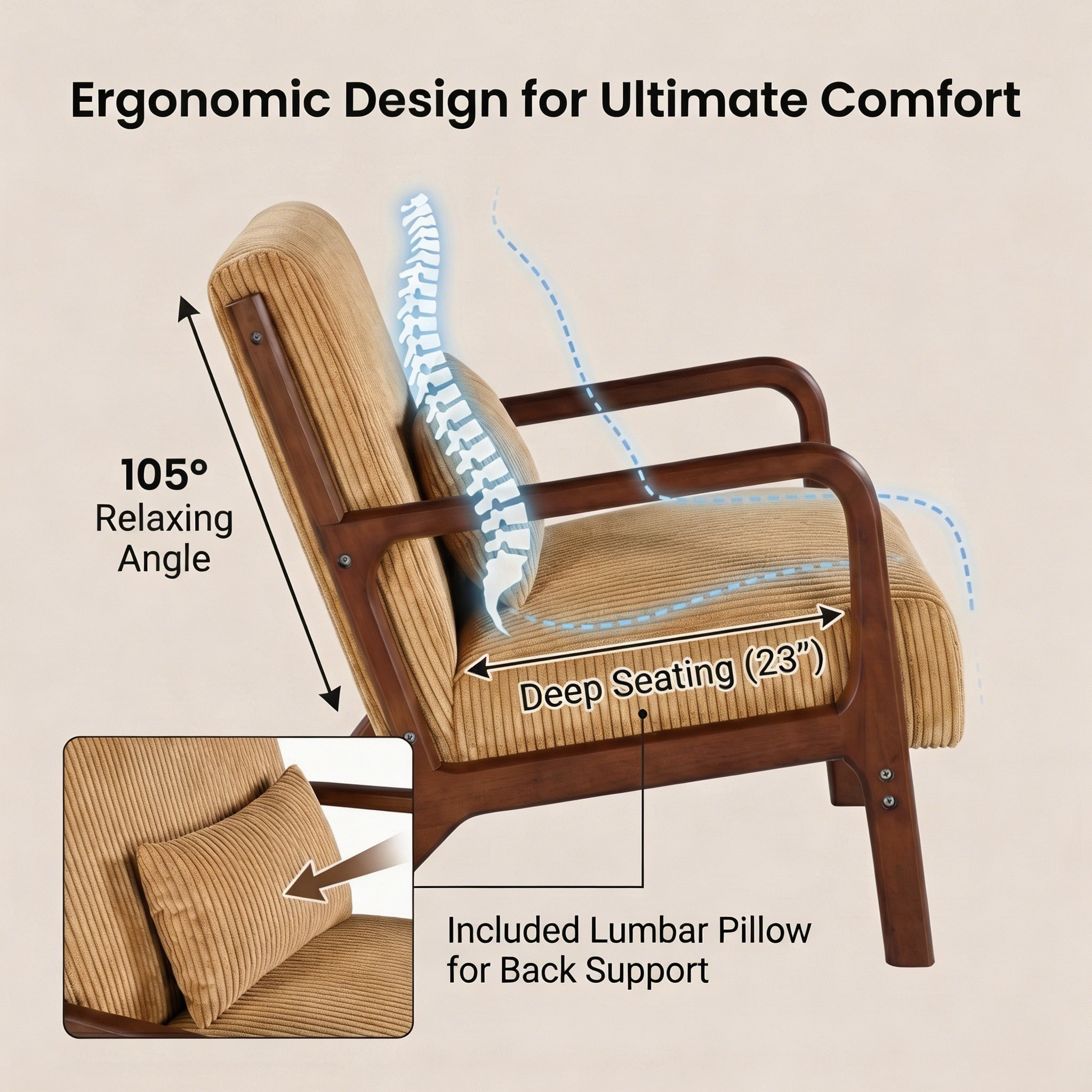 Mid-Century Modern Corduroy Accent Chair with Solid Wood Frame & Lumbar Pillow, Yellow