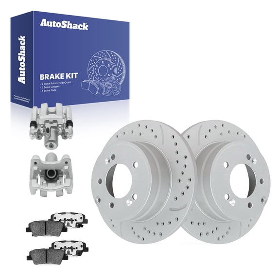 AutoShack Rear Brake Rotors, Ceramic Pads & Calipers for Hyundai, Sonata 2011-2015, FWD L4 2.0L 2.4L - Coated Drilled & Slotted - Silver Matte Finish - TurboGuard - 11.18" (284 mm), 5-Lug