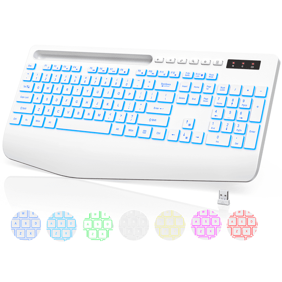 Wagpak Wireless Keyboard 7 Color Backlit Wrist Rest Rechargeable 112 Keys Quiet Keyboard-White
