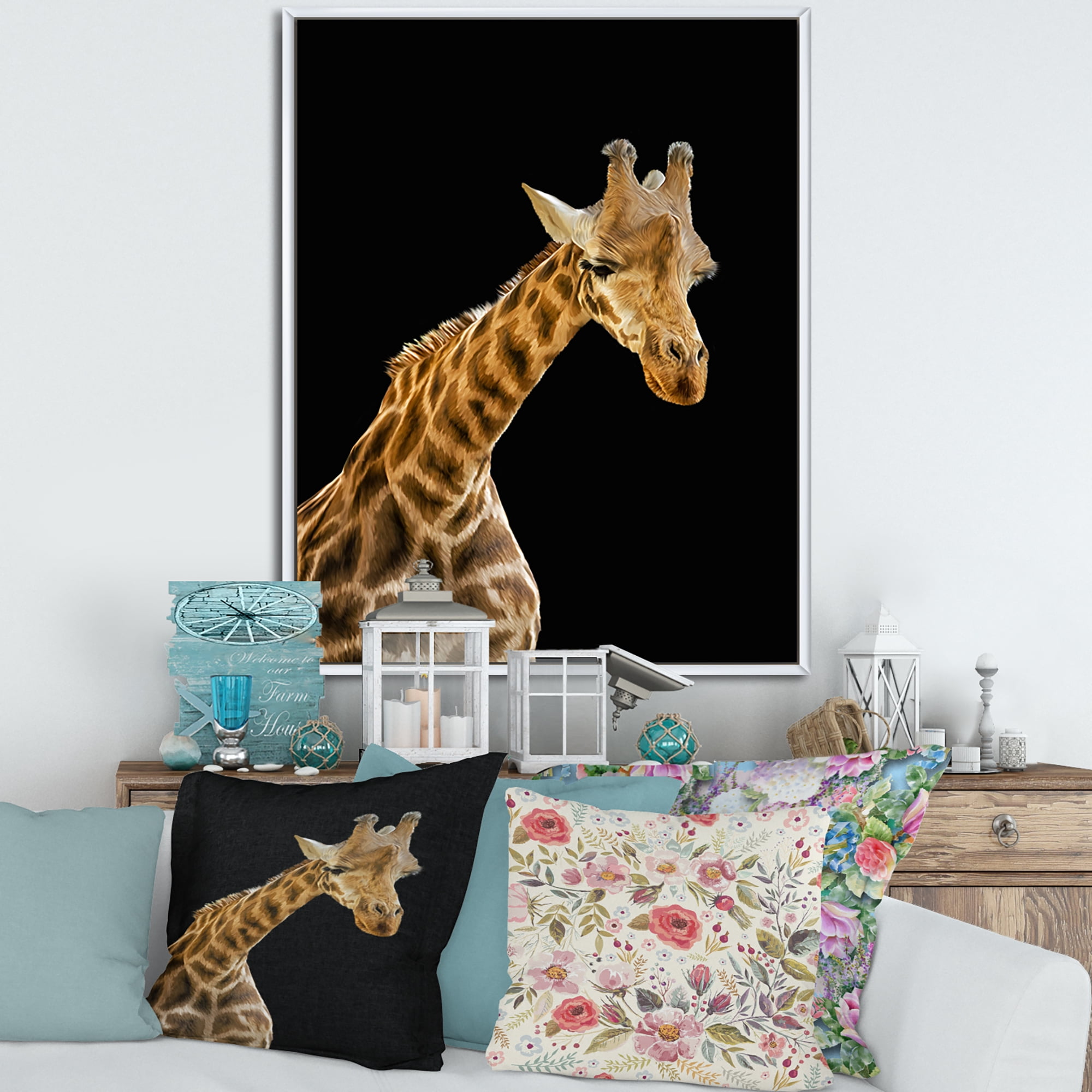 Designart 'Portrait of A Giraffe On Black Background II' Farmhouse Framed Canvas Wall Art Print