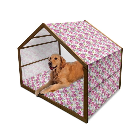 Shabby Flora Pet House, Watercolor Abstract Lavenders Leaves Buds Art Print, Outdoor & Indoor Portable Dog Kennel with Pillow and Cover, 5 Sizes, Pale Green Hot Pink, by Ambesonne