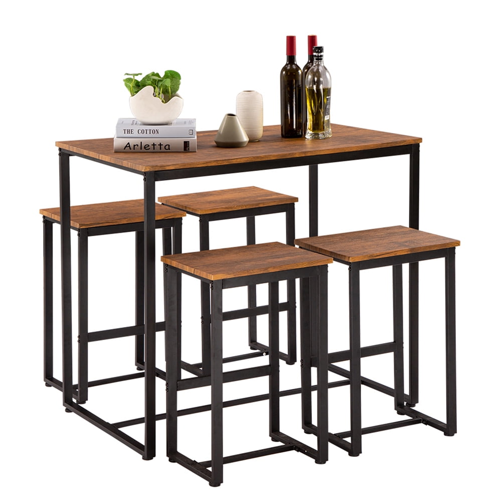 Kadyn Bar Table And Chair Set Of 5, Breakfast Bar Table and Stool Set, Minimalist Dining Table with Backless Stools, Light Walnut Color