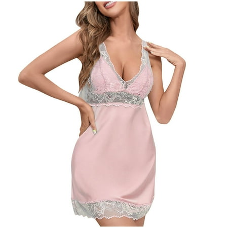 ZyeKqe Nightgowns for Women Deep V Neck Sexy Tank Pajamas Dress Lace Babydoll Lingerie Sleep Shirts Loungewear