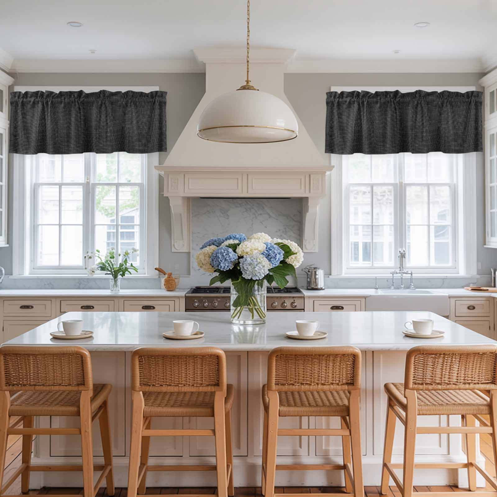 Valances for Windows, Black Burlap Texture Kitchen Curtains Valances 2 Pack for Living Room Bedroom Bathroom, Farmhouse Vintage Black Light Filtering Curtains Rod Pocket Valance 60"x18"