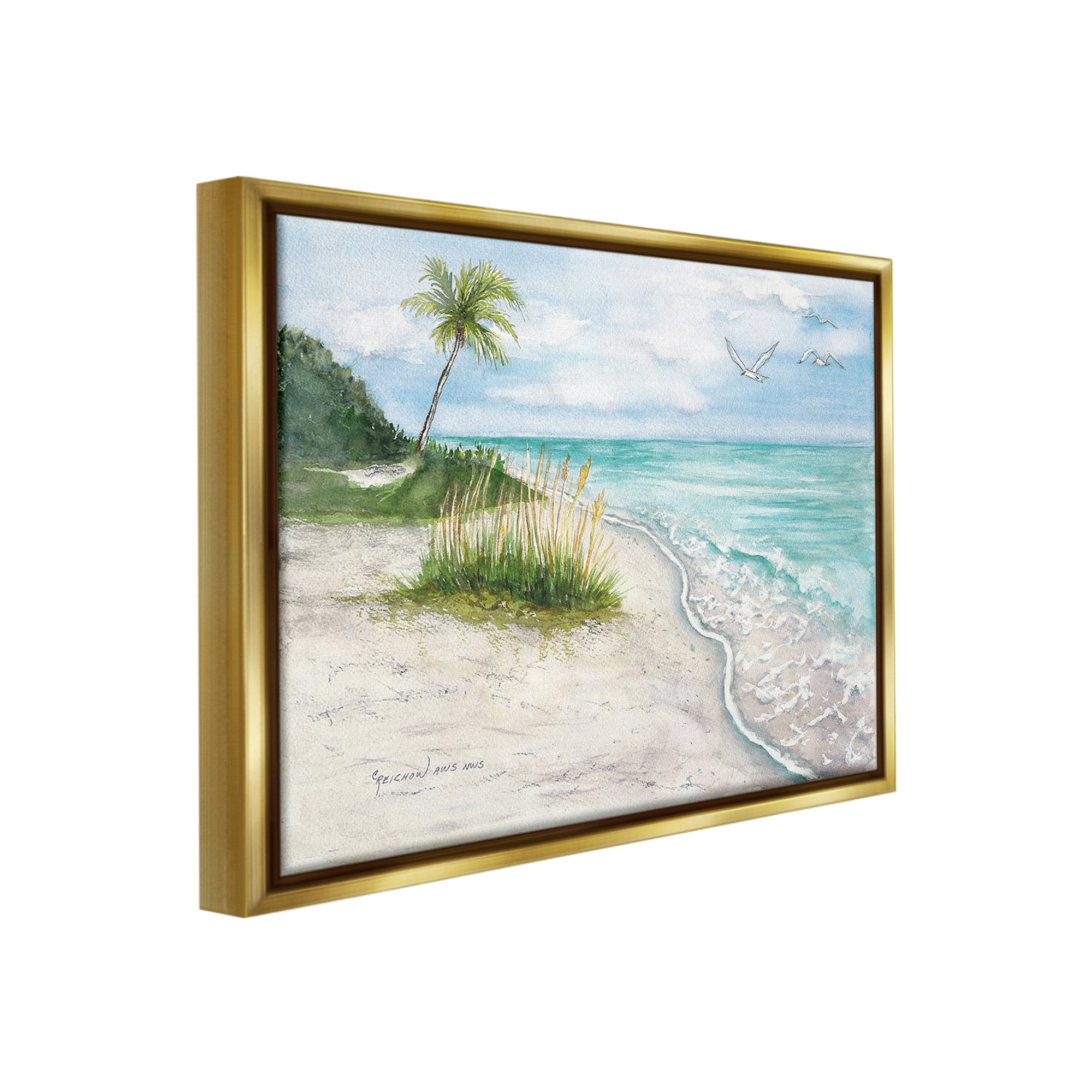 Stupell Industries Seagulls over Tropical Beach Landscape Painting Gold Floater Framed Canvas Art Print Wall Art, 31 x 25