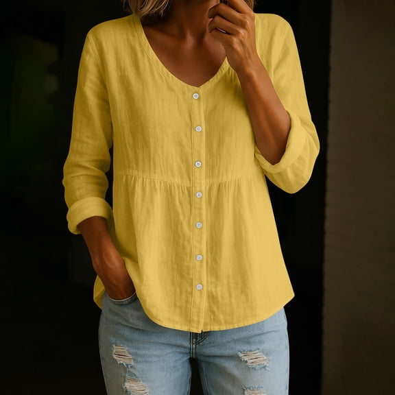 Button Down Shirt for Women V Neck Long Sleeve Roll-Up Tab Sleeves Empire Waist Peplum Hem Relaxed Fit Casual Business Work Blouse Top