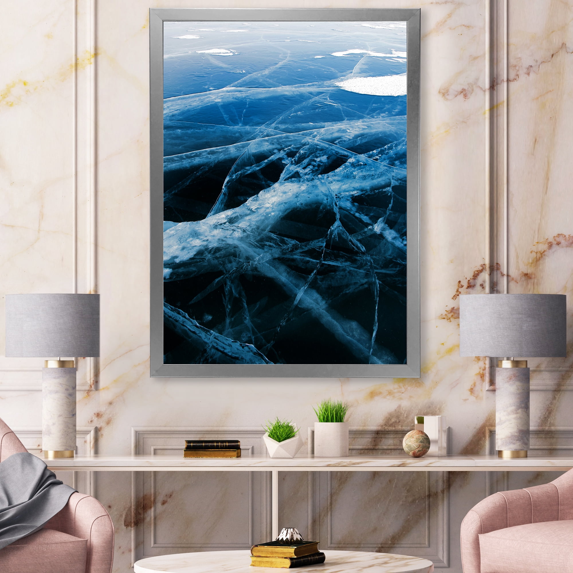 Designart 'White and Blue Ice Structure II' Modern Framed Art Print