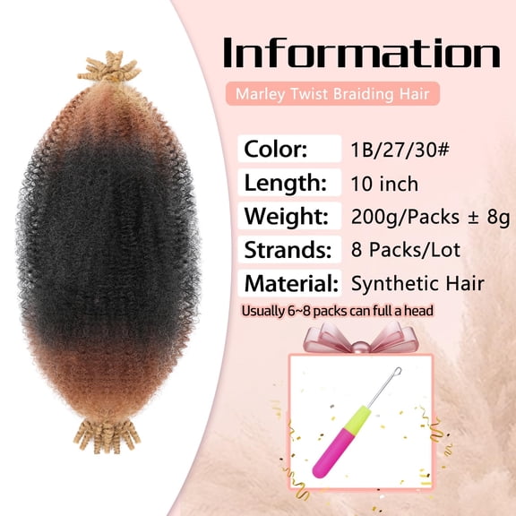 WEIF-Springy Afro Twist Hair 8 Packs Marley Twist Braiding Hair 10 Inch Pre-Fluffed Spring Twist Hair For Soft Locs Afro Twist Hair For Women(1B/27/30#）