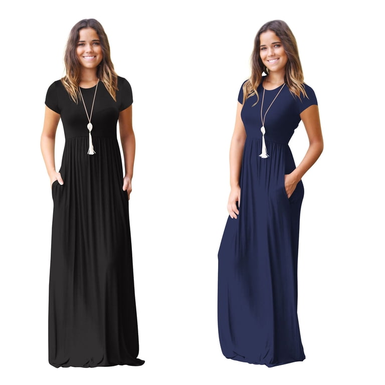 Women's Casual Pleated Maxi Dress - Short Sleeve, Loose Fit With Pockets (Solid Color)