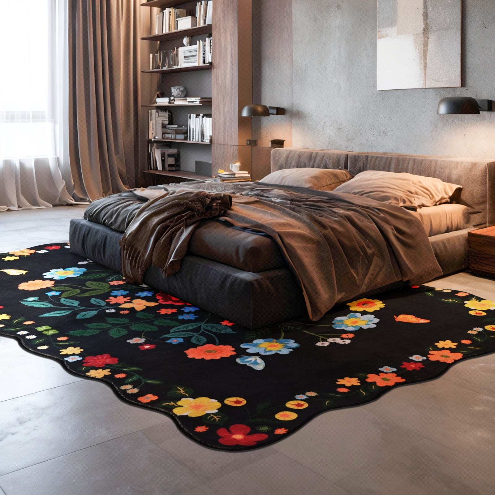 Pentantan Floral Area Rugs 6'x9', Machine Washable Rug for Living Room Non-Slip Vintage Soft Indoor Carpet for Bedroom, Dining Room, Playroom, Office, Black