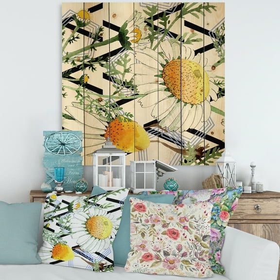 Designart 'Wild Spring Chamomile Flowers On Geometric Lines' Traditional Print on Natural Pine Wood