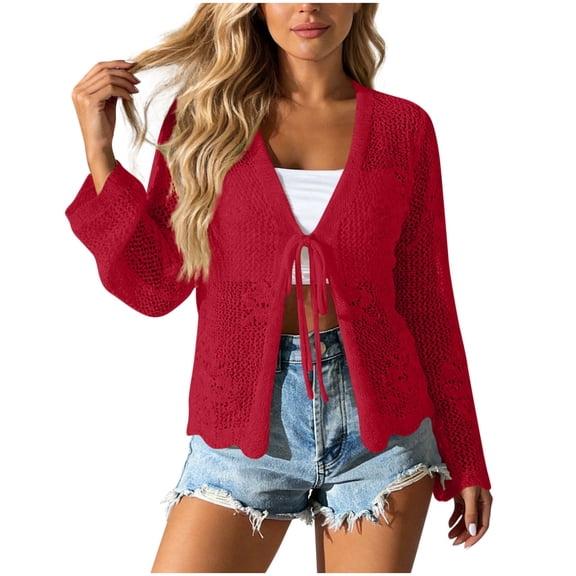 JGGSPWM Crochet Cardigan for Womens Long Sleeve V Neck Tie Front Knit Shrug Summer Beach Vacation Hollow Out Cover Up Red M