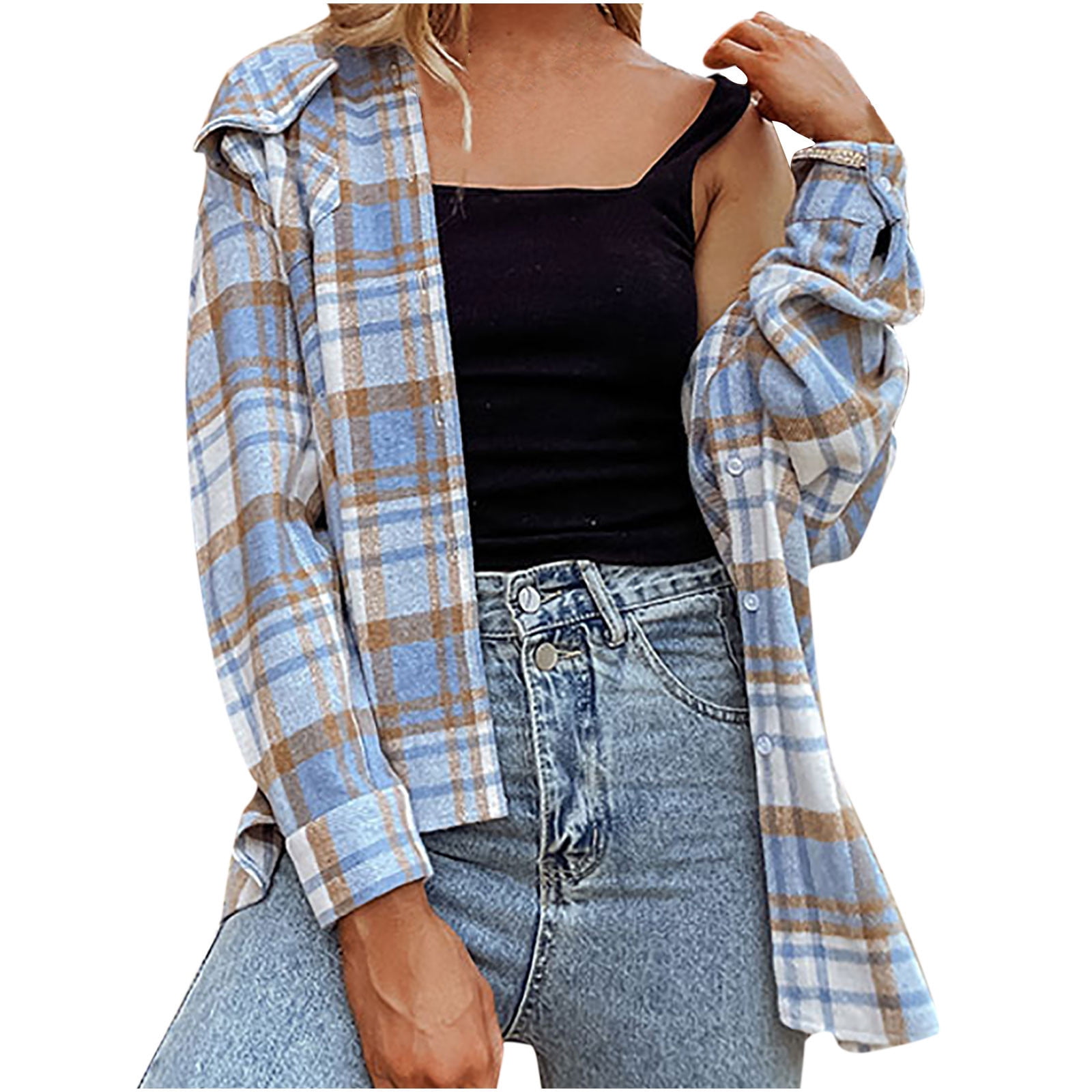 Womens Plaid Corduroy Flannel Shacket Jacket Casual Long Sleeve Button ...