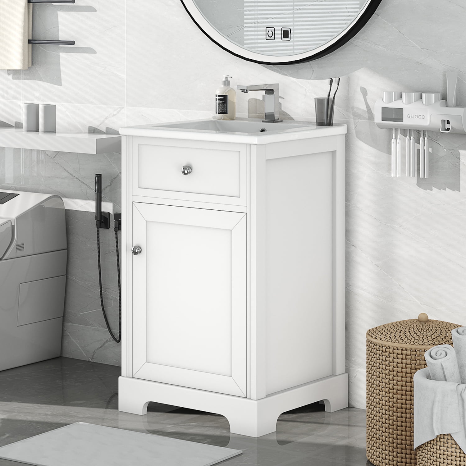 Euroco 20'' Bathroom Vanity with Ceramic Sink, Real Wood and MDF Cabinet with Storage Rack, Soft Close Door, Painted Finish, Modern Freestanding Vanity for Small Bathroom