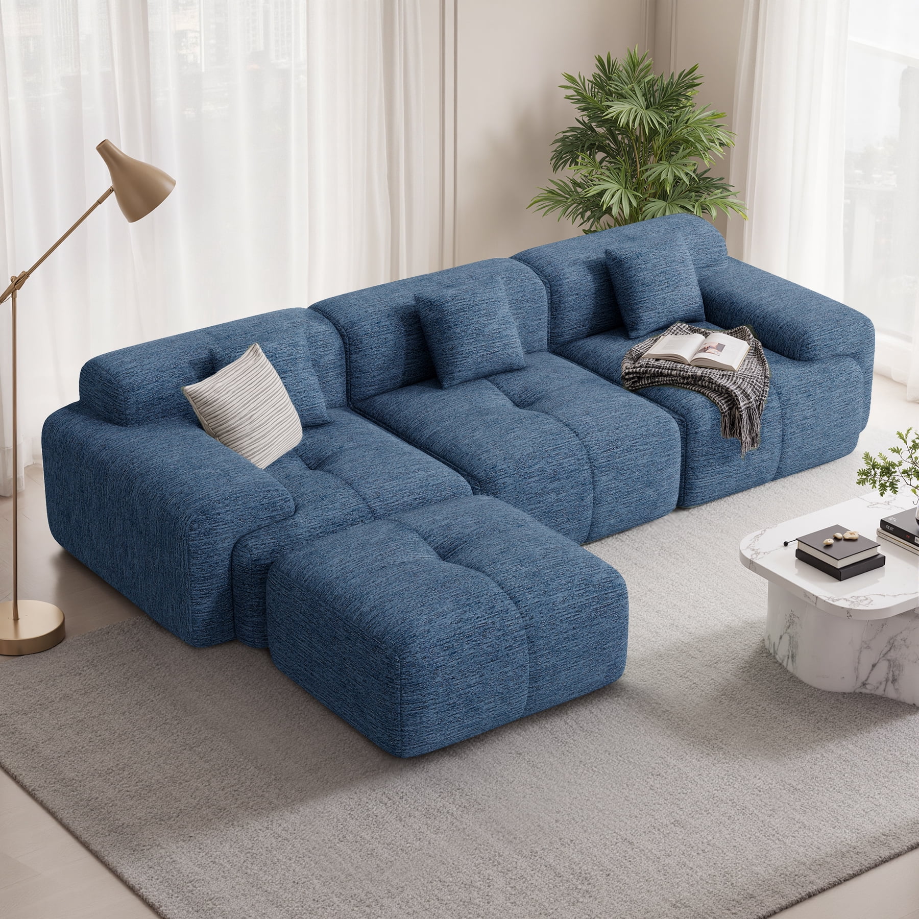 Daluvenix 122" Modern L Shaped Modular Sectional Sofa, Chenille Modular Cloud Couch for Living Room with Deep Seat, 4 Seater Convertible Cloud Couch Sofa Set, No Assembly Required, Blue