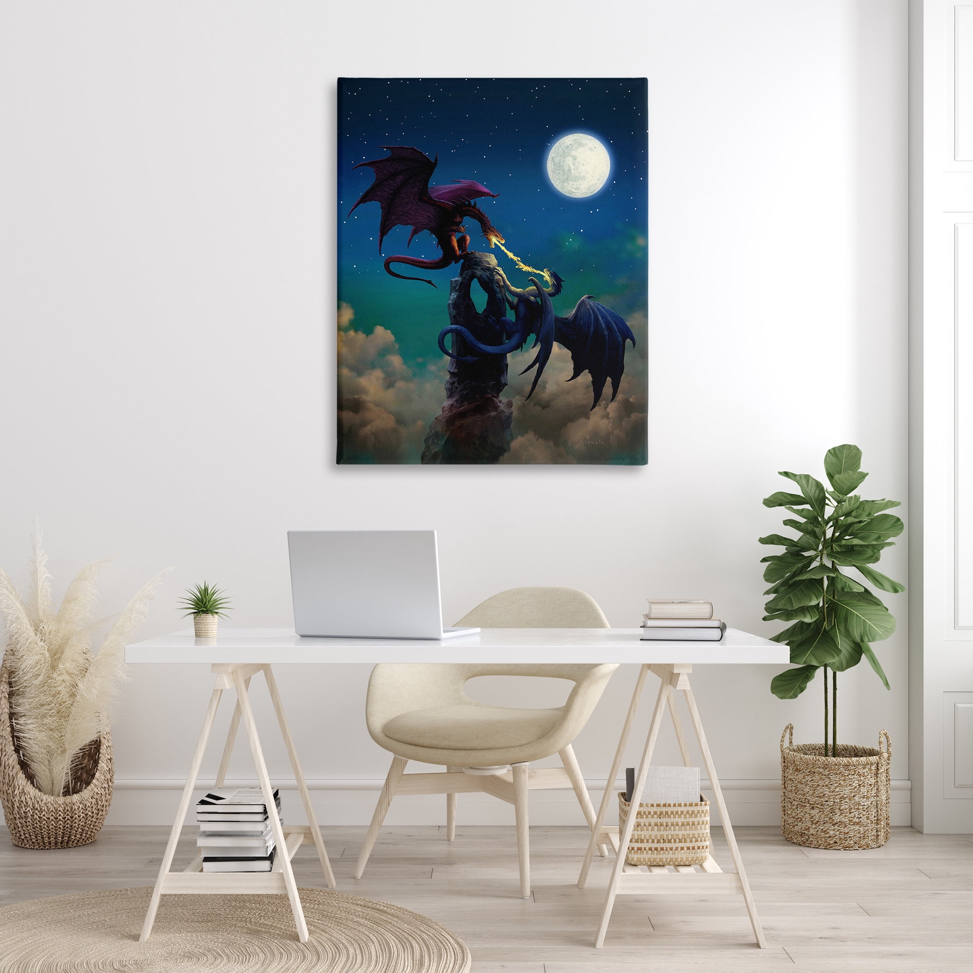 Stupell Industries Battling Dragons at Night Fairy Tales & Fantasy Painting Gallery Wrapped Canvas Art Print Wall Art, 36 x 48