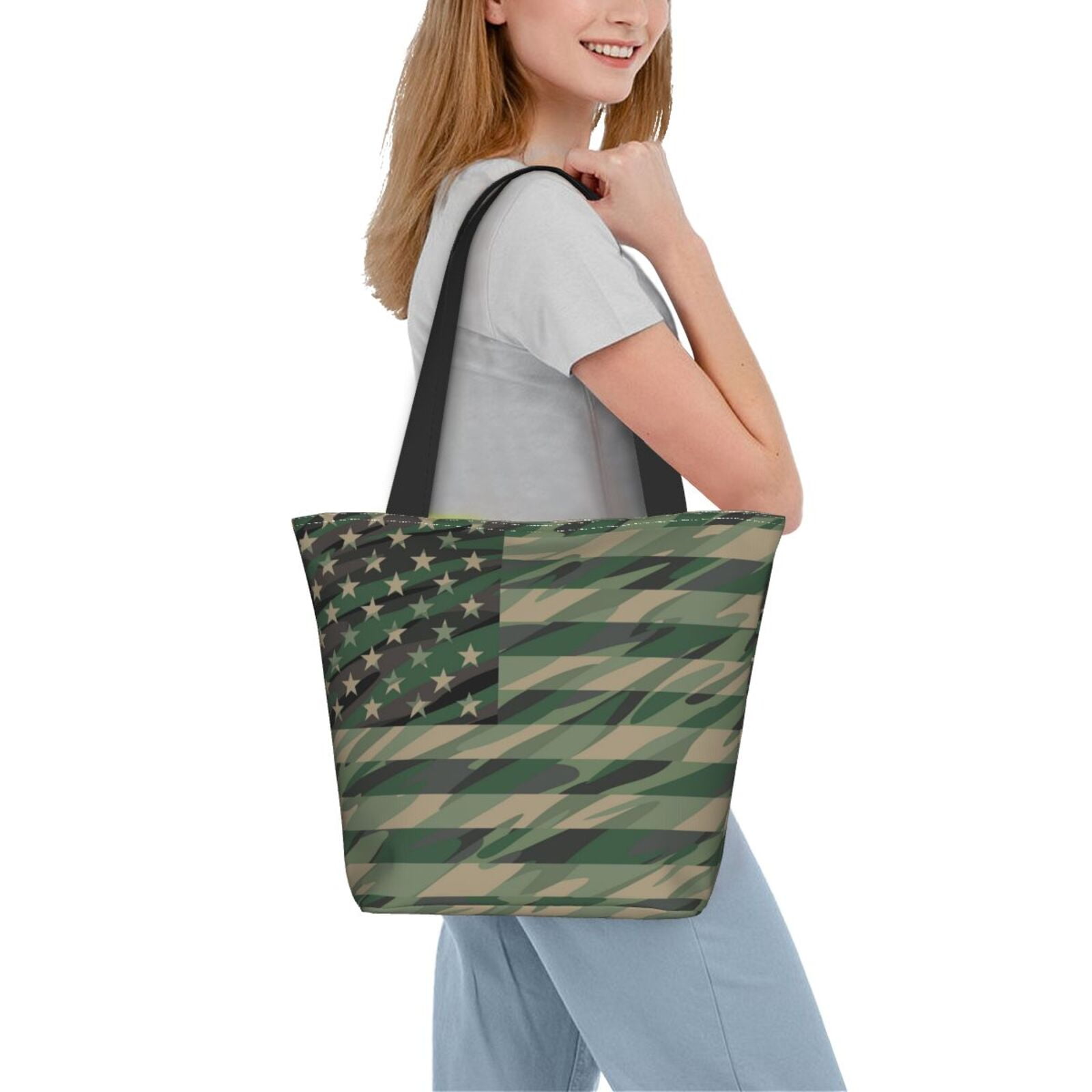 Ratiio Jungle Green Camo USA Flag Print Shoulder Bag for Women, Polyester Crossbody Purse Lightweight Handbag for Daily Travel and Casual Use